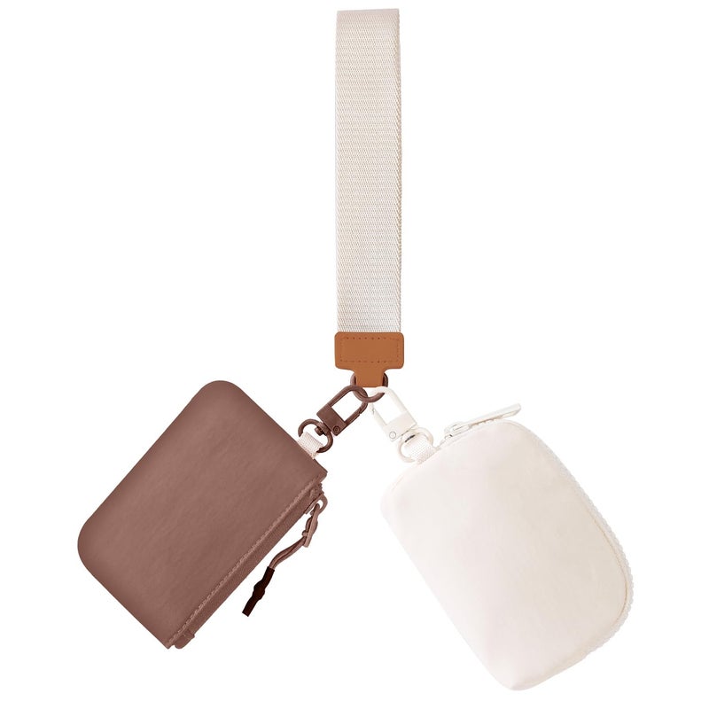 JEEBURYEE Dual Pouch Wristlet Keychain Wallets for Women with 2 Detachable Zipper Coin Purse - Small and Portable Mini Card Wallet for Women Men Brown+Beige - Image 1