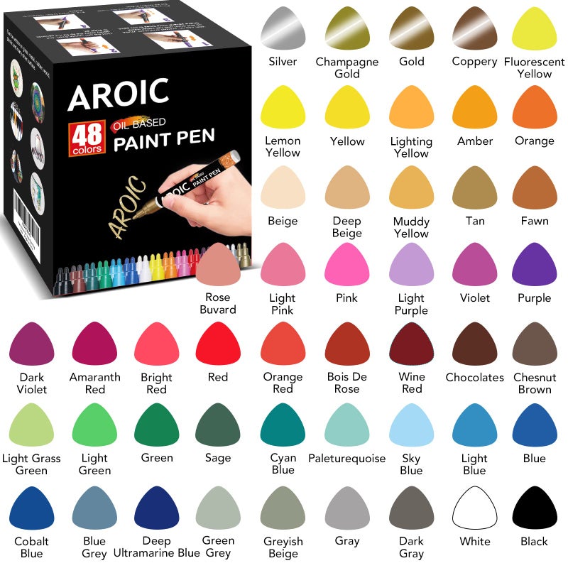 AROIC 48 Pack Oil-Based Paint Markers Medium Tip - Low Odor Rock Painting Pens for Wood, Metal, Plastic, Glass, Canvas, Ceramic Surfaces | 2025 Artist Professional Kit - Image 2