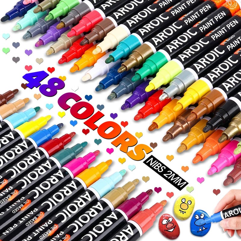 AROIC 48 Pack Oil-Based Paint Markers Medium Tip - Low Odor Rock Painting Pens for Wood, Metal, Plastic, Glass, Canvas, Ceramic Surfaces | 2025 Artist Professional Kit - Image 1