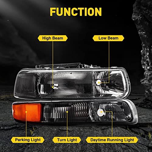 MARSFLUX Headlights Assembly Black + Amber Compatible With 1999-2002 Silverado 1500 2500 2000-2006 Suburban 1500 2500 Tahoe 2001-2002 Silverado 1500HD/ 2500HD/ 3500 - Image 3