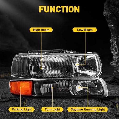 MARSFLUX Headlights Assembly Black + Amber Compatible With 1999-2002 Silverado 1500 2500 2000-2006 Suburban 1500 2500 Tahoe 2001-2002 Silverado 1500HD/ 2500HD/ 3500 - Image 2