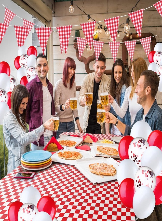 Aoriher 4 Packs 51 x 71 Inch Gingham Plaid Table Covers, 2 Pieces Buffalo Lumberjack Checkered Pennant Banner, 44 Pieces Latex Balloons for Picnic BBQ Birthday Party Decoration (Red White Plaid) - Image 4