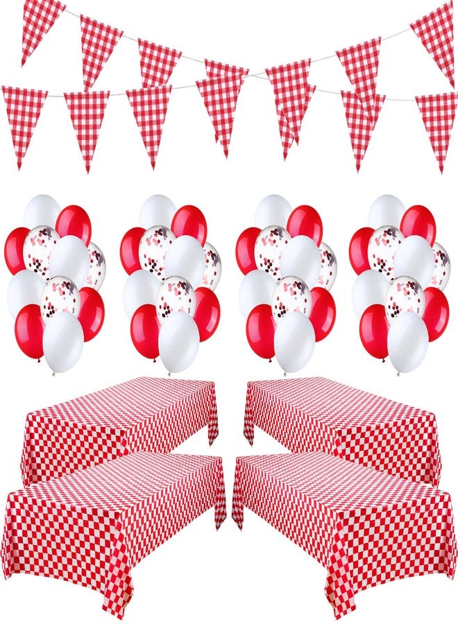 Aoriher 4 Packs 51 x 71 Inch Gingham Plaid Table Covers, 2 Pieces Buffalo Lumberjack Checkered Pennant Banner, 44 Pieces Latex Balloons for Picnic BBQ Birthday Party Decoration (Red White Plaid) - Image 1