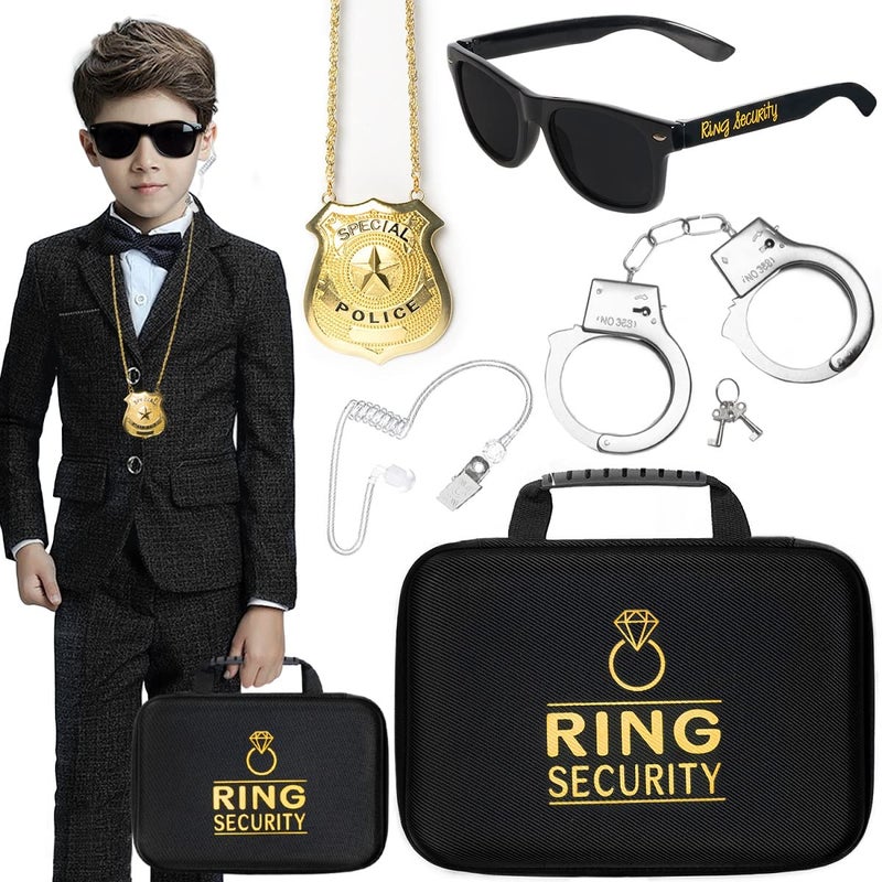BESZONE Ring Security Wedding Ring Bearer Proposal Box Gifts Security Box, Sunglasses, Kids Toy Badge, Security Earpiece Earplugs, Toy Handcuffs with Keys for Kids Boys, Sturdy Briefcase, Wedding Stuff - Image 1