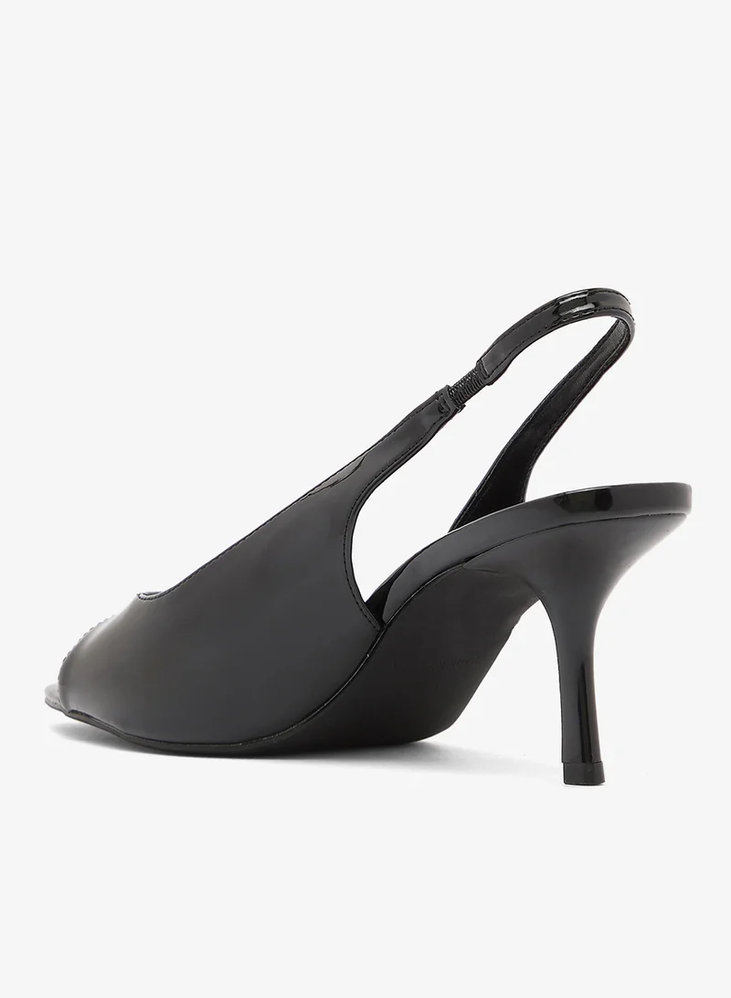 Truffle Black patent Mid Heel Glossy Sling Back Open Toe Sandals for Women | Best Price UAE