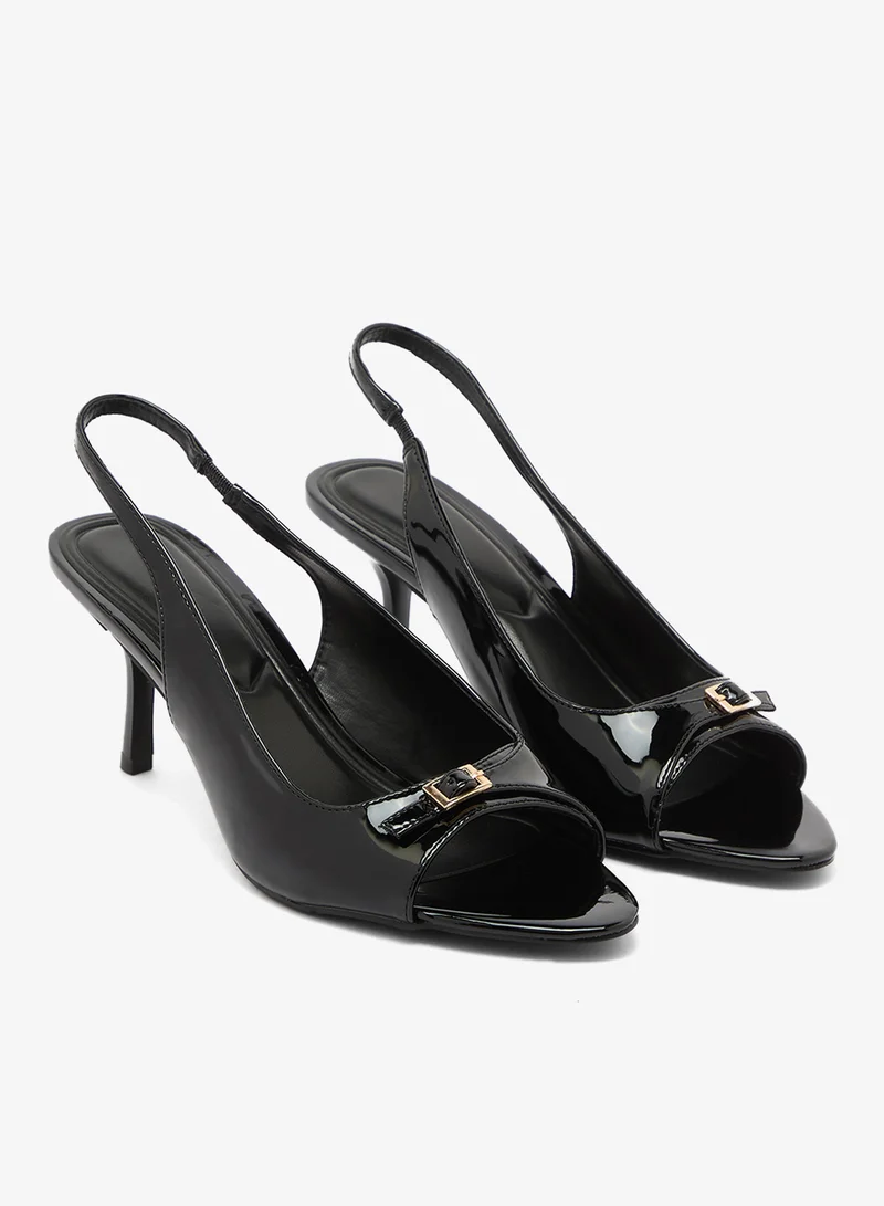 Truffle Black patent Mid Heel Glossy Sling Back Open Toe Sandals for Women | Best Price UAE