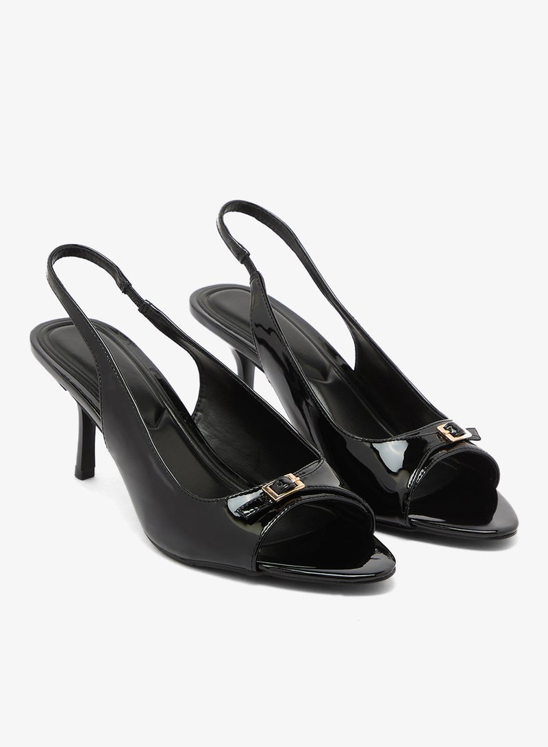 Truffle Mid Heel Glossy Sling Back Open Toe Sandals - Image 4