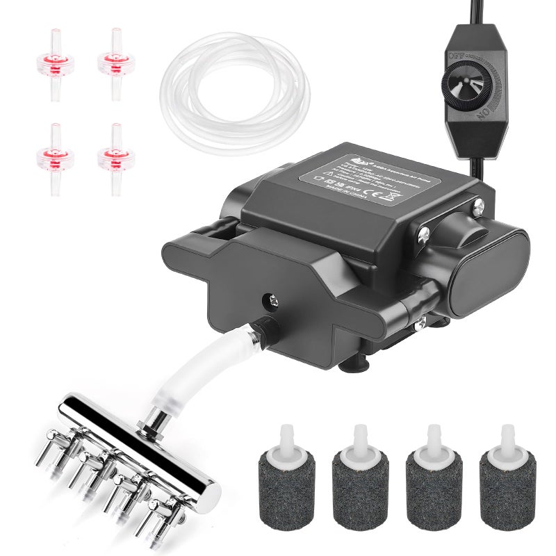 AQQA Aquarium Air Pump Powerful Oxygen Pump Fish Tank Aerator Bubbler Adjustable High Pressure Commercial Air Pump with 4 Air Outlets All Accessories for Pond Hydroponic Up to 1000Gal 18W400GPH - Image 2