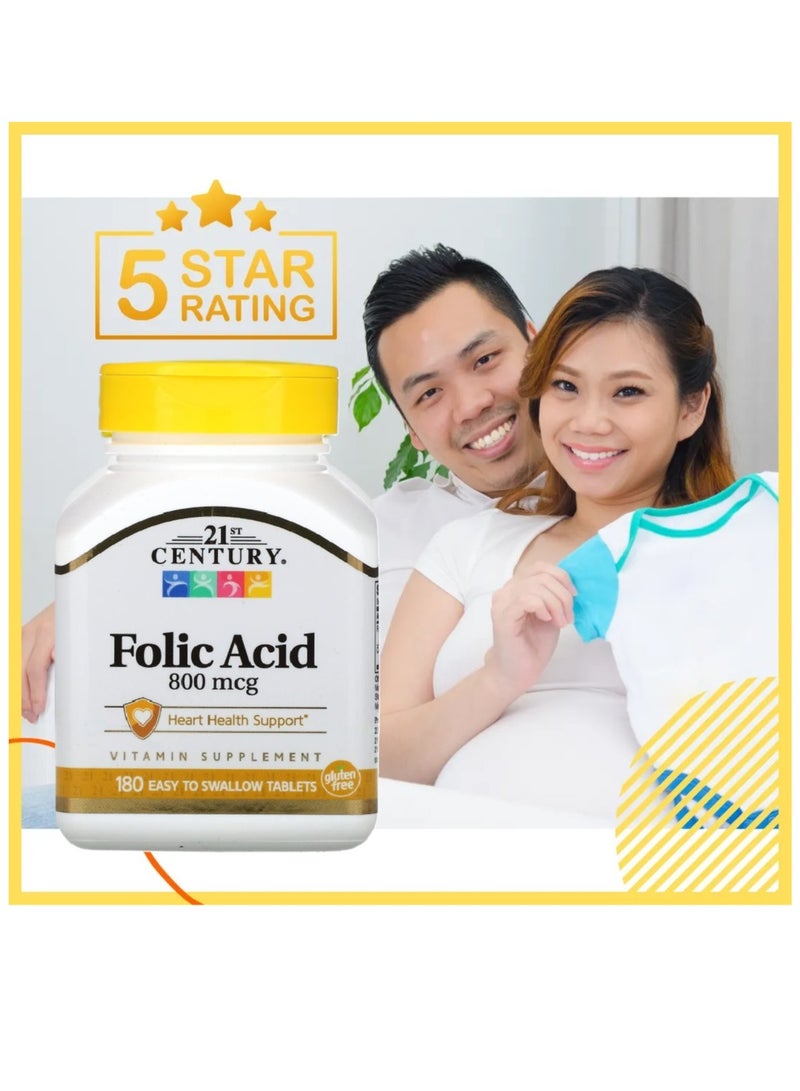 21st CENTURY Folic Acid Supplement 800 mcg Cardiovascular & Heart Health Support, Nervous System, Improve Fertility and  A Sperm Count Booster 180 Easy to Swallow Tablets (USA)  - Image 2