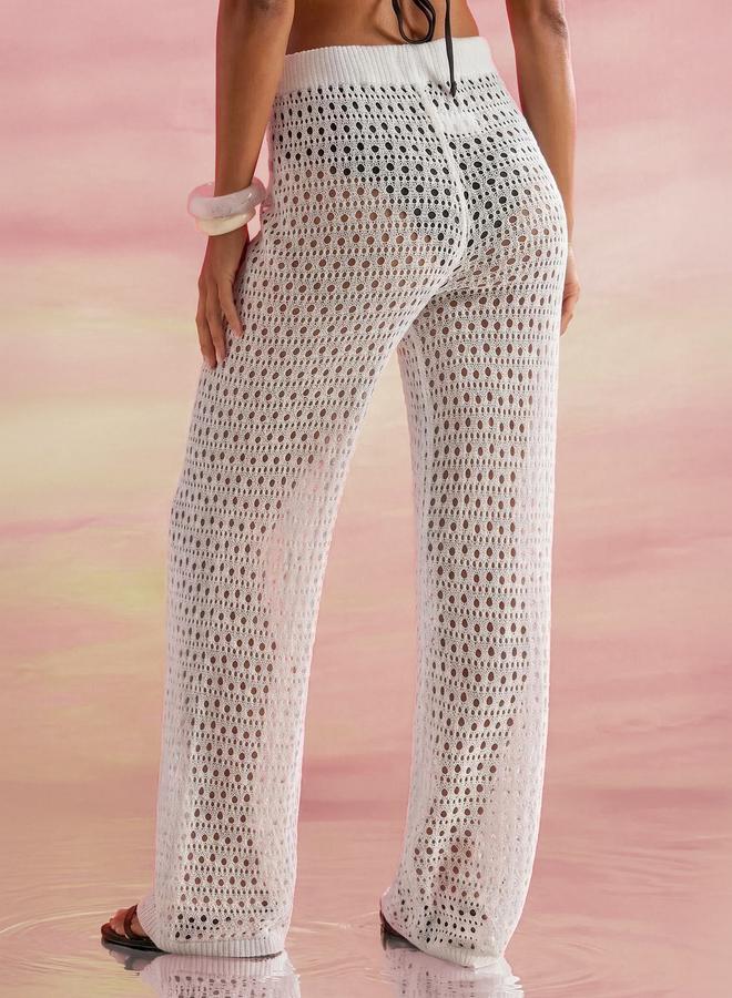 Styli Cream Open Crochet Wide Leg Beach Pants - Image 4