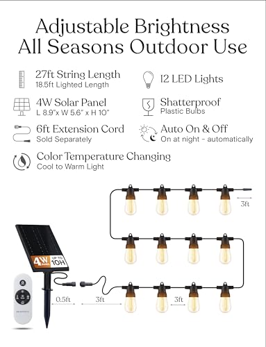 Brightech Ambience Pro 27-Ft Solar String Lights for Outside - Super Bright Remote Control Color Adjustable Outdoor String Light - Commercial Grade String, Waterproof LED for Patios, Camping, 12 Bulbs - Image 3