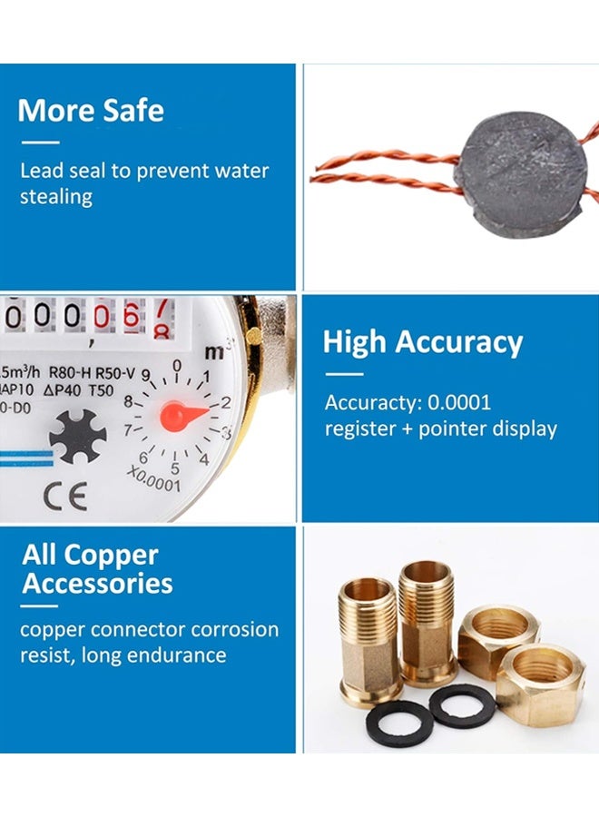 DUNISO Cold Water Meter, Read of Water Flow Meter with Accessories, Rust Proof, High-Precision, 360 Adjustable Rotary Counter Water Measuring Meter for Garden & Home Usage - Image 4