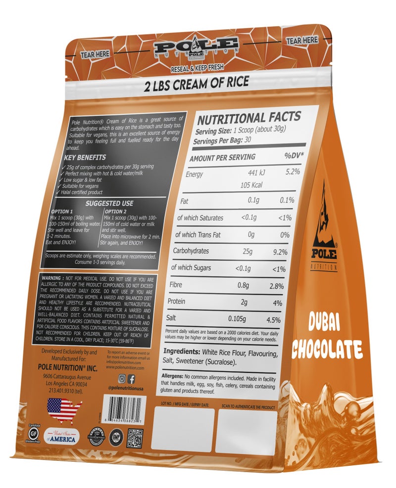 POLE NUTRITION Cream of Rice High Carbohydrate Rice Powder - Dubai Chocolate, 2 lbs (30 Servings) - Image 2