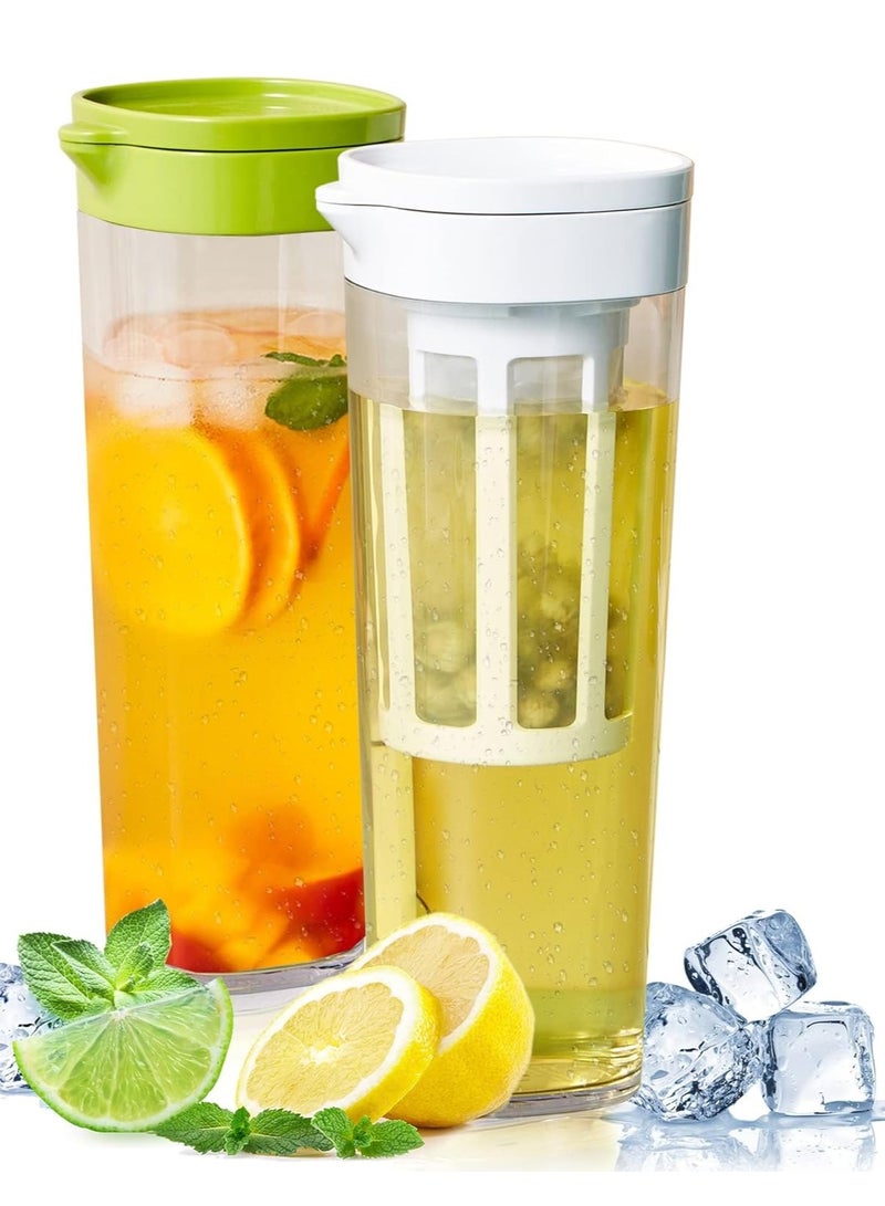 Plastic Fruit Infuser Water Pitcher with Removable Lid, 2Pcs Pitcher, Airtight for Fridge Door,Homemade Iced Coffee and Lemonade 1.1L/38Oz, White/Green  - Image 1