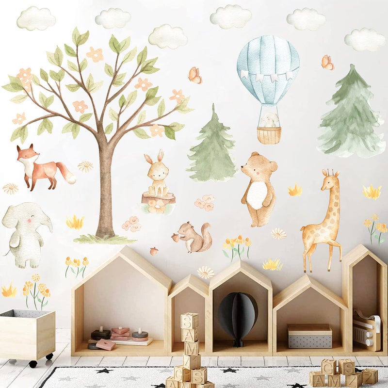 Watercolor Forest Animals Wall Stickers  Baby Room Decor Woodland Nursery Decals  Peel and Stick Cartoon Hot Air Balloon Tree Animal Stickers for Kids Room Playroom