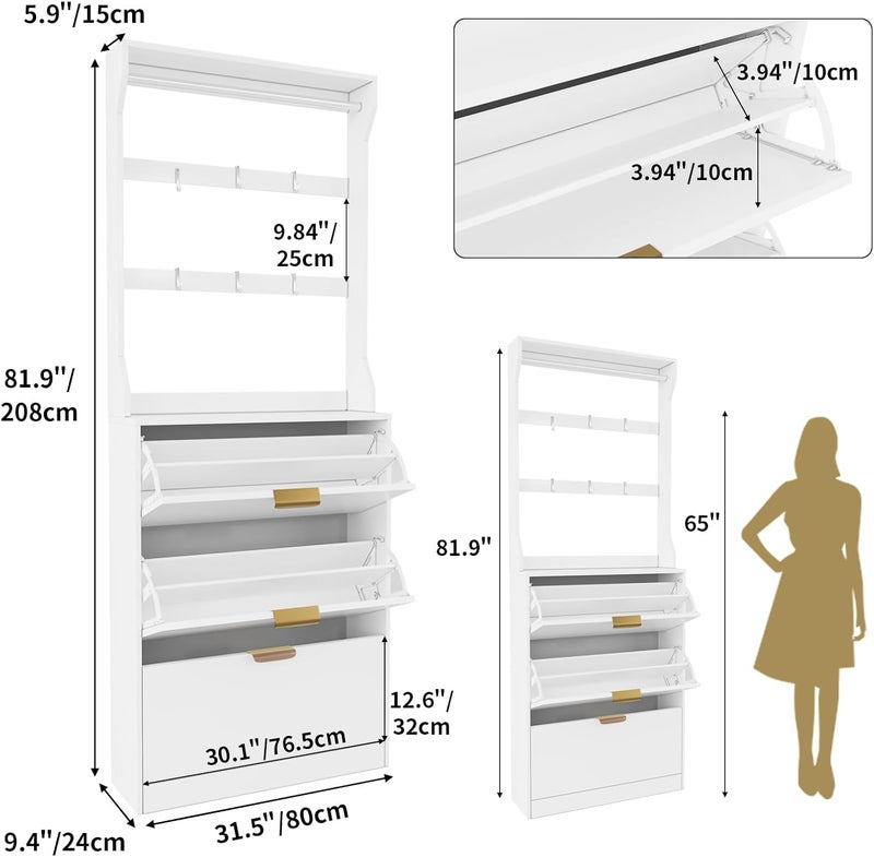 VOWNER Multifunctional Shoe Rack and Coat Rack, Coat Stand with Shoe Storage Cabinet, Shoe Cabinet with 3 Flip Drawers, Hall Tree Entryway Organizer with 6 Hooks & Hanging Bar - Image 2