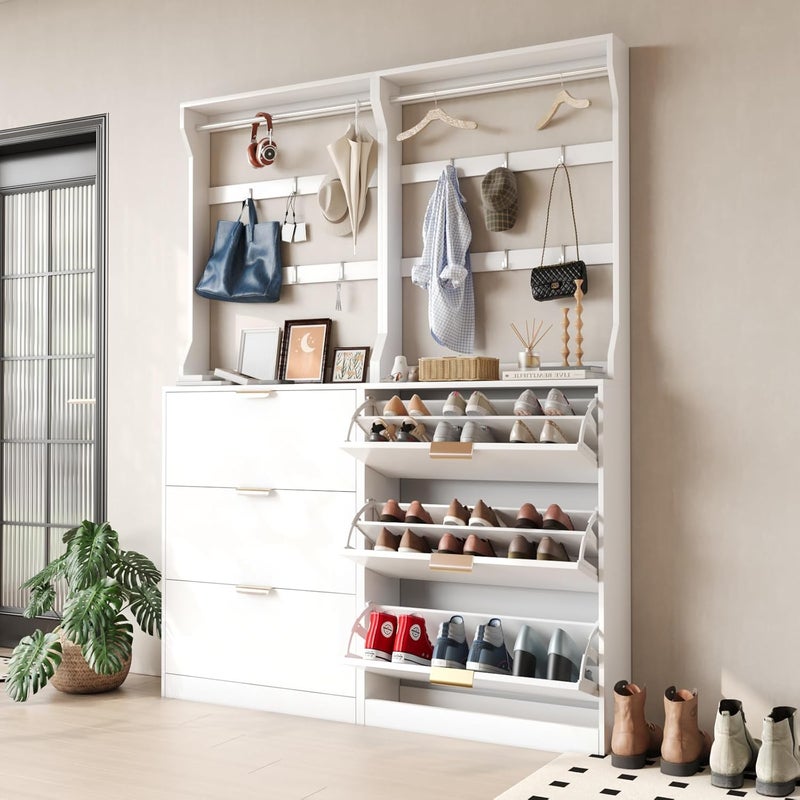 VOWNER Multifunctional Shoe Rack and Coat Rack, Coat Stand with Shoe Storage Cabinet, Shoe Cabinet with 3 Flip Drawers, Hall Tree Entryway Organizer with 6 Hooks & Hanging Bar - Image 3