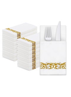 Joyelink 50 Pieces Disposable Cloth Like Napkins, Built-in Flatware Pocket, Wedding Party Linen Feel White Napkin, Prefolded for Silverware  - Image 1