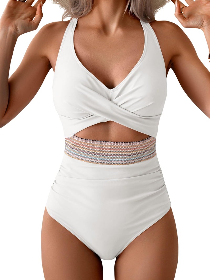 B2prity One Piece Swimsuit for Women Tummy Control V Neck Bathing Suit Color Block High Waisted Cutout Swimwear - Image 1