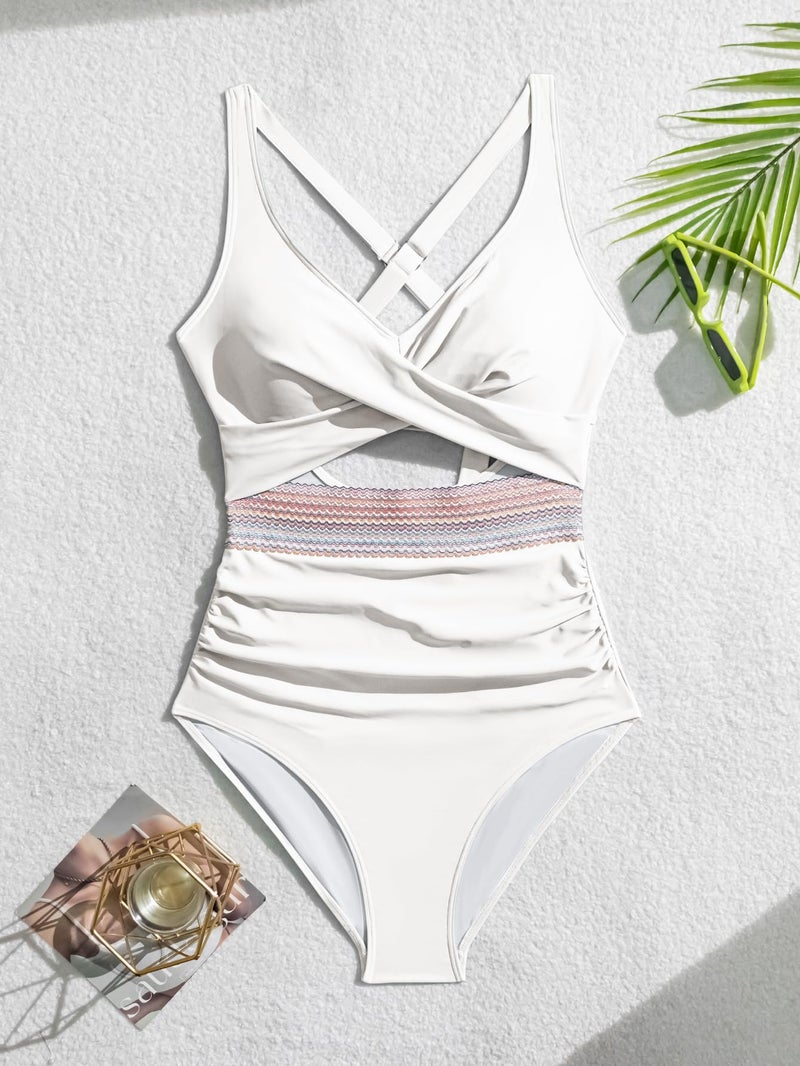 B2prity One Piece Swimsuit for Women Tummy Control V Neck Bathing Suit Color Block High Waisted Cutout Swimwear - Image 5
