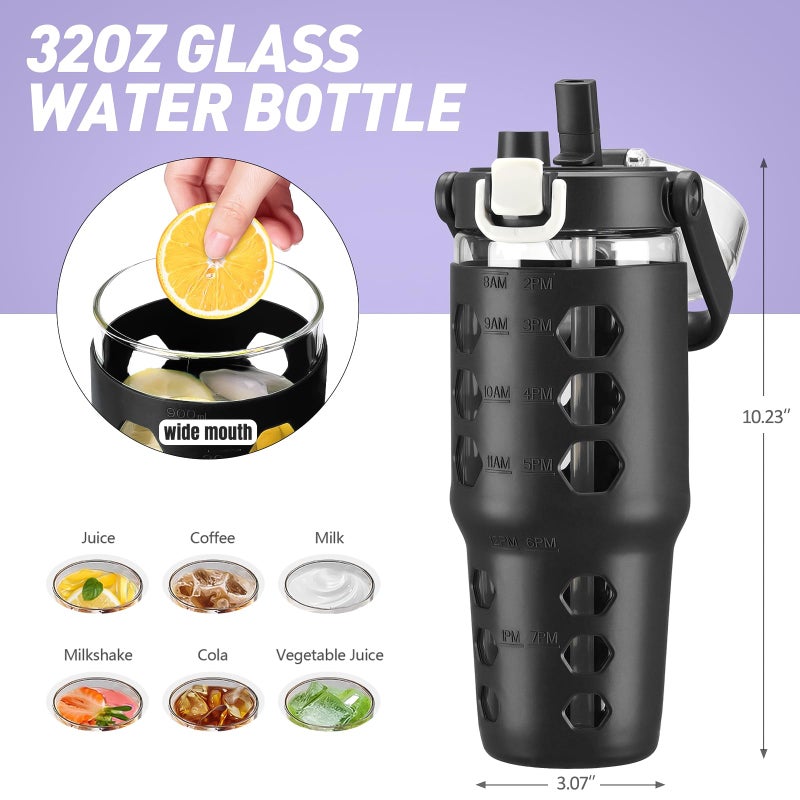 MUKOKO 32 oz Glass Tumbler with Straw,Glass Water Bottles with Time Marker,Iced Coffee Cup with Silicone Sleeve,Motivational Drinking Bottles,Leakproof-Black - Image 3