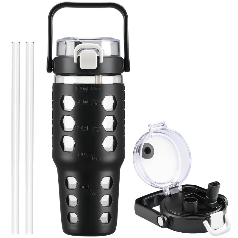 MUKOKO 32 oz Glass Tumbler with Straw,Glass Water Bottles with Time Marker,Iced Coffee Cup with Silicone Sleeve,Motivational Drinking Bottles,Leakproof-Black - Image 1