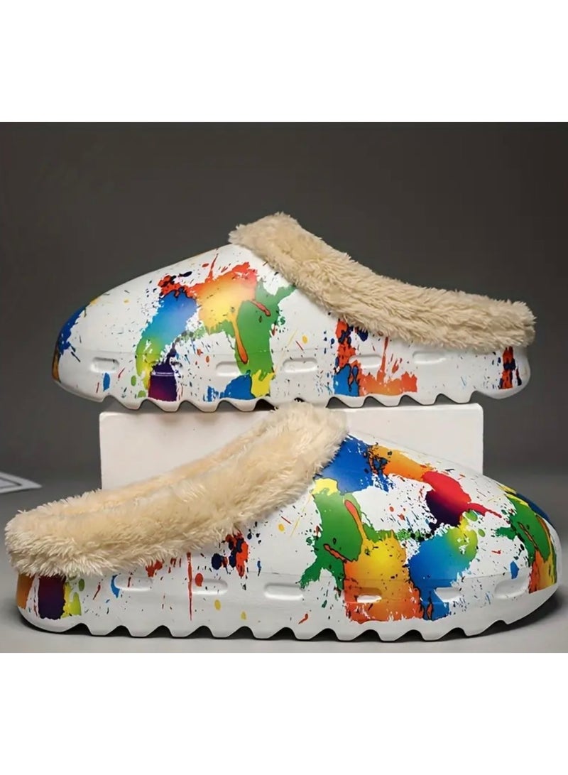 Splashed Paint Print Cozy House Slippers Anti-skid Slip-on Shoes Indoor For Men Winter Shoes Fuzz-lined Clogs - Image 1