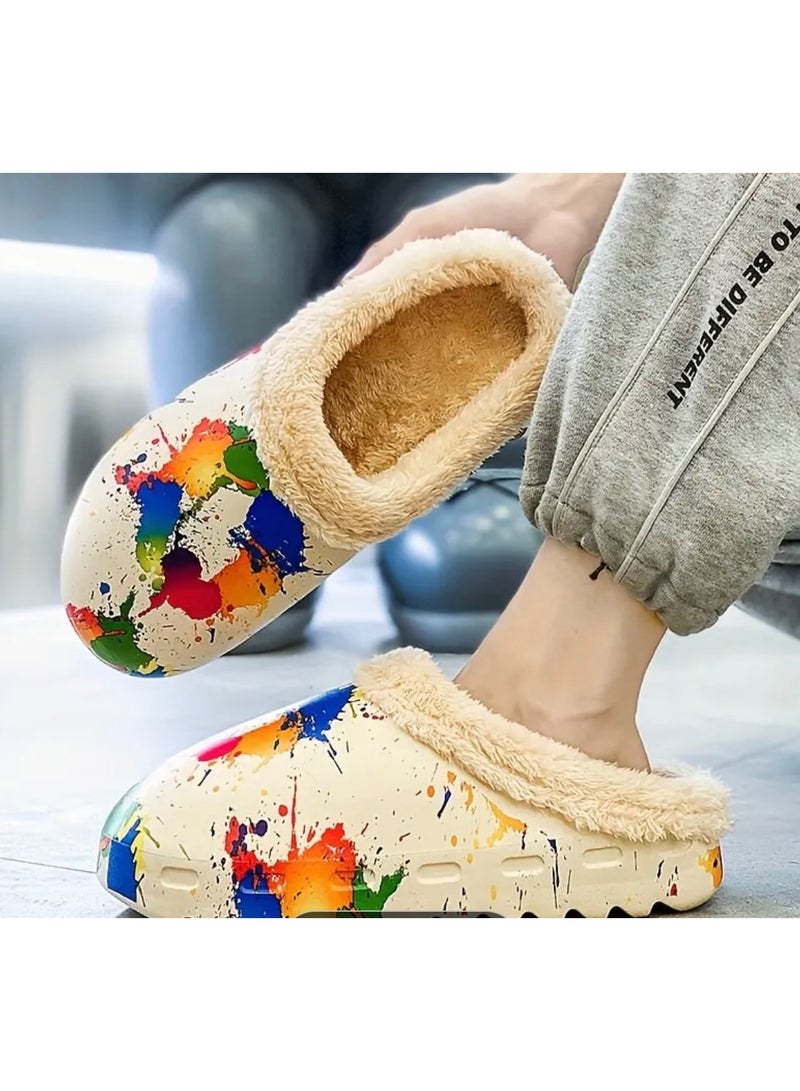 Splashed Paint Print Cozy House Slippers Anti-skid Slip-on Shoes Indoor For Men Winter Shoes Fuzz-lined Clogs - Image 3