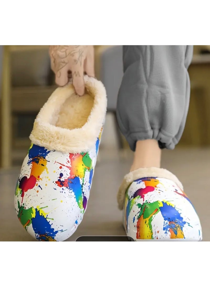 Splashed Paint Print Cozy House Slippers Anti-skid Slip-on Shoes Indoor For Men Winter Shoes Fuzz-lined Clogs - Image 2