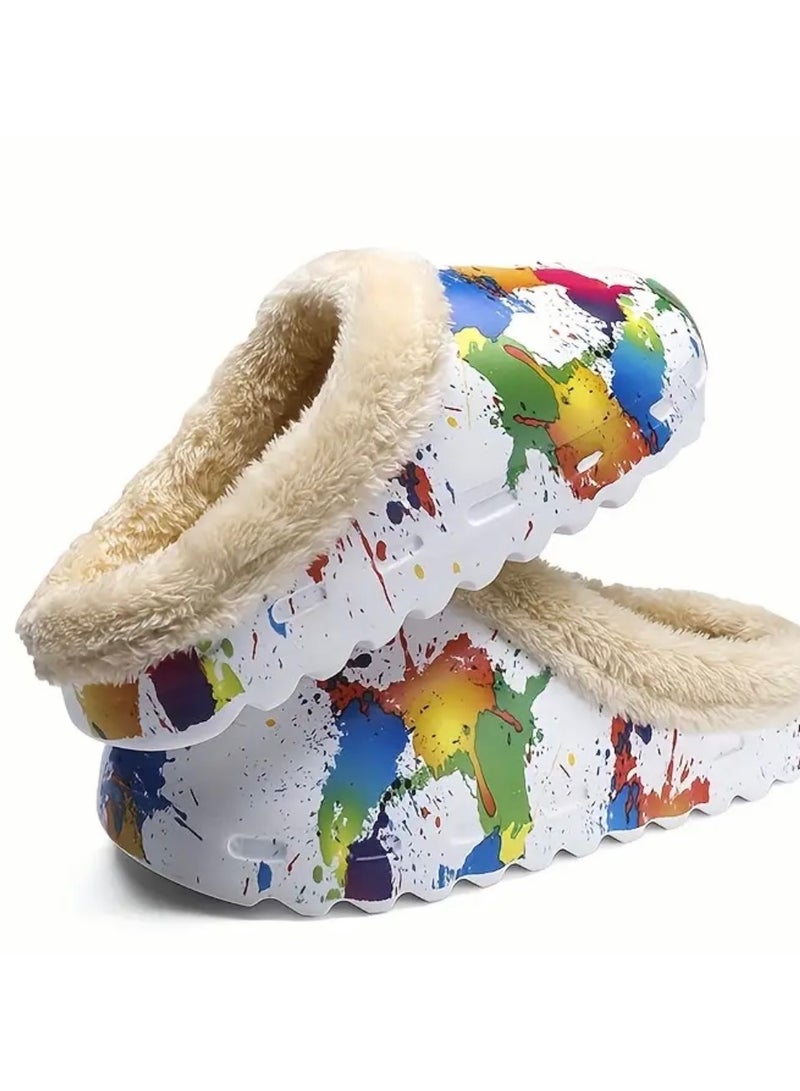 Splashed Paint Print Cozy House Slippers Anti-skid Slip-on Shoes Indoor For Men Winter Shoes Fuzz-lined Clogs - Image 4