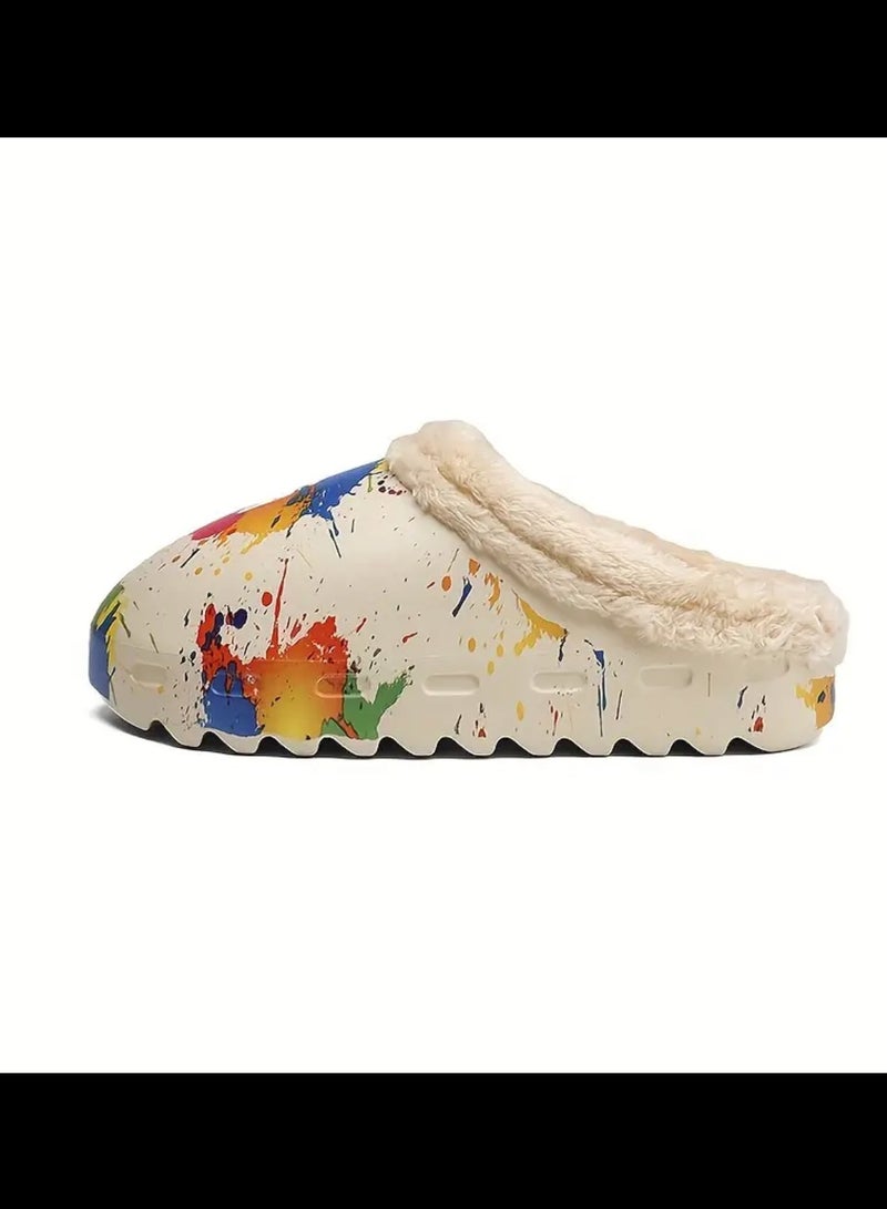 Splashed Paint Print Cozy House Slippers Anti-skid Slip-on Shoes Indoor For Men Winter Shoes Fuzz-lined Clogs - Image 5