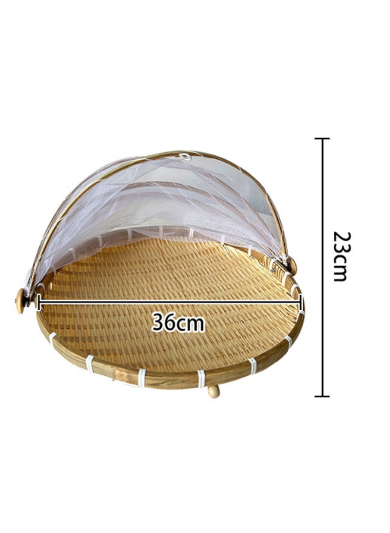 36*23cm Bamboo Vegetable Cover Round Single Buckle Stripe Medium, Mesh Screen Food Cover Tent Umbrella With Base, Mesh Food Cover To Prevent Flies, Bugs, Mosquitoes - Image 2