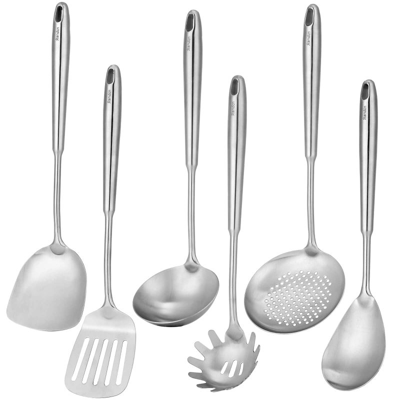 Standcn 304 Stainless Steel Kitchen Utensils Set  6 Pcs Metal Professional Cooking Spoons  Kitchen Tools - Wok Spatula  Ladle  Skimmer Slotted Spoon  Pasta Spoon  Serving Large Spoon  Slotted Spatula Tunner - Image 1
