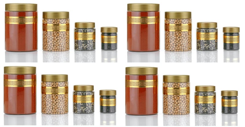 Entisia Kitchen Storage Box - Star Printed Plastic jar containers with Lid & Spoon, 1200ml, 650ml, 350ml & 250ml Food Storage Dabba Jars for Pulses, Snacks, Spices & Dry Fruits (Gold, 16pc) - Image 1