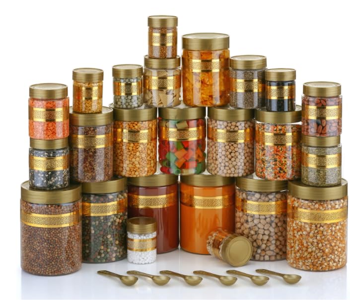 Entisia Kitchen Storage Box - Star Printed Plastic jar containers with Lid & Spoon, 1200ml, 650ml, 350ml & 250ml Food Storage Dabba Jars for Pulses, Snacks, Spices & Dry Fruits (Gold, 16pc) - Image 3