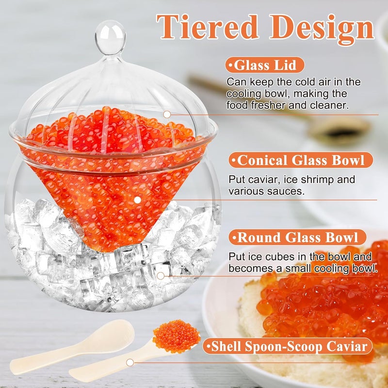 Ahier Glass Caviar Serving Set with Lid and 2 Pcs Mother of Pearl Spoon, Caviar Chiller Serving Dish with Ice Holder for Shrimp Ice Cream Sauce, Martini, Cocktail - Image 4
