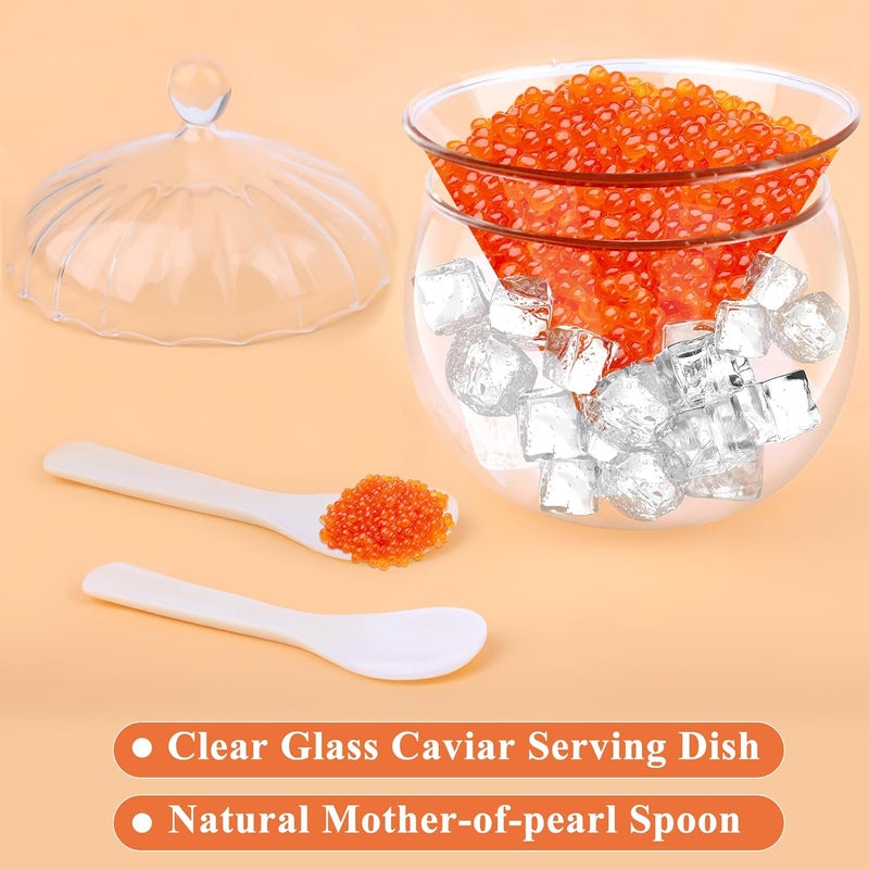Ahier Glass Caviar Serving Set with Lid and 2 Pcs Mother of Pearl Spoon, Caviar Chiller Serving Dish with Ice Holder for Shrimp Ice Cream Sauce, Martini, Cocktail - Image 3