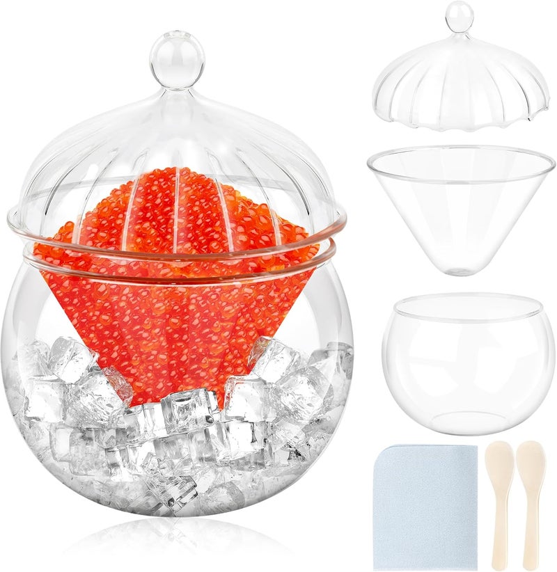 Ahier Glass Caviar Serving Set with Lid and 2 Pcs Mother of Pearl Spoon, Caviar Chiller Serving Dish with Ice Holder for Shrimp Ice Cream Sauce, Martini, Cocktail - Image 1