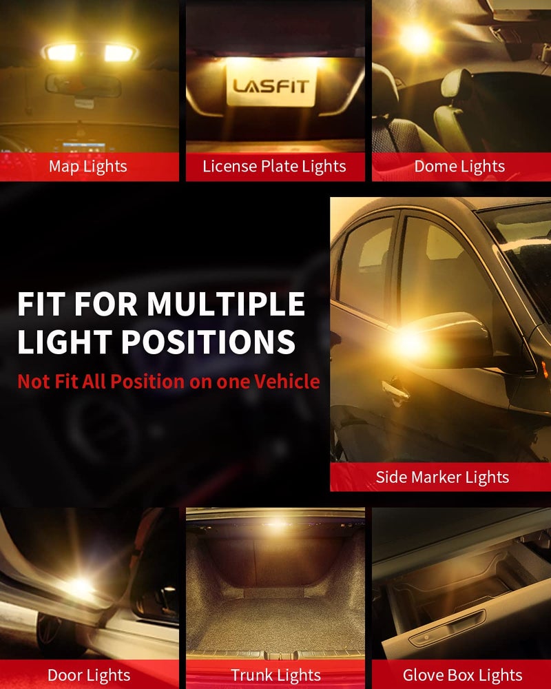 LASFIT 194 168 T10 2825 W5W LED Bulb Canbus Error Free, Non-Polarity 400LM Extremely Bright for Side Marker Map Doors, 12-24V, Amber Yellow (Pack of 2) - Image 2