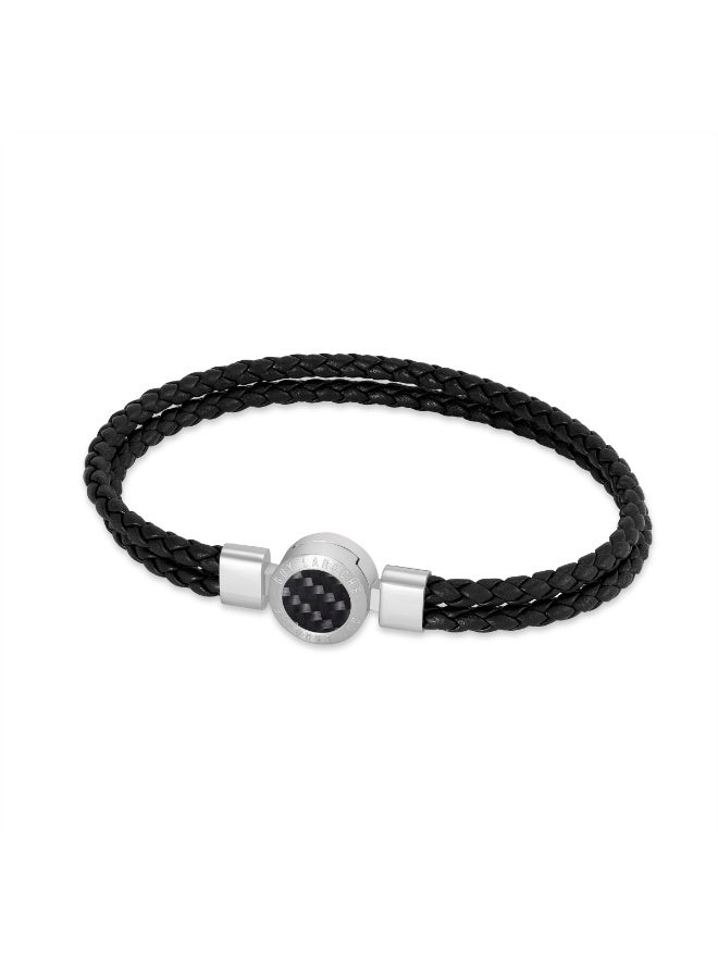 Guy Laroche Olivier Stainless Steel Bracelet with Black Carbon Fiber & Black Leather - Image 1