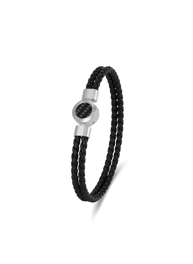 Guy Laroche Olivier Stainless Steel Bracelet with Black Carbon Fiber & Black Leather - Image 2