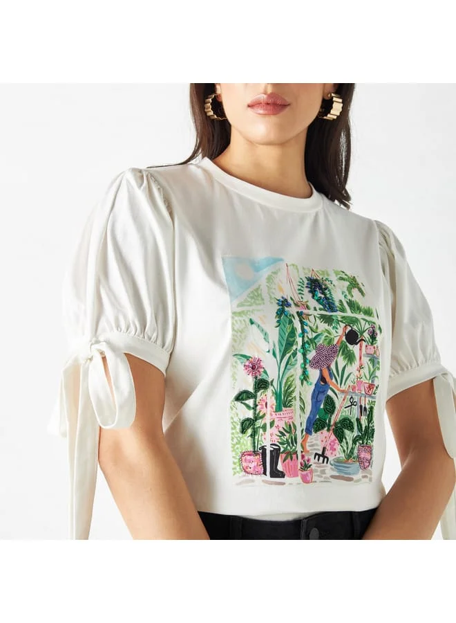 Iconic Iconic Printed Top with Puff Sleeves and Tie-Ups