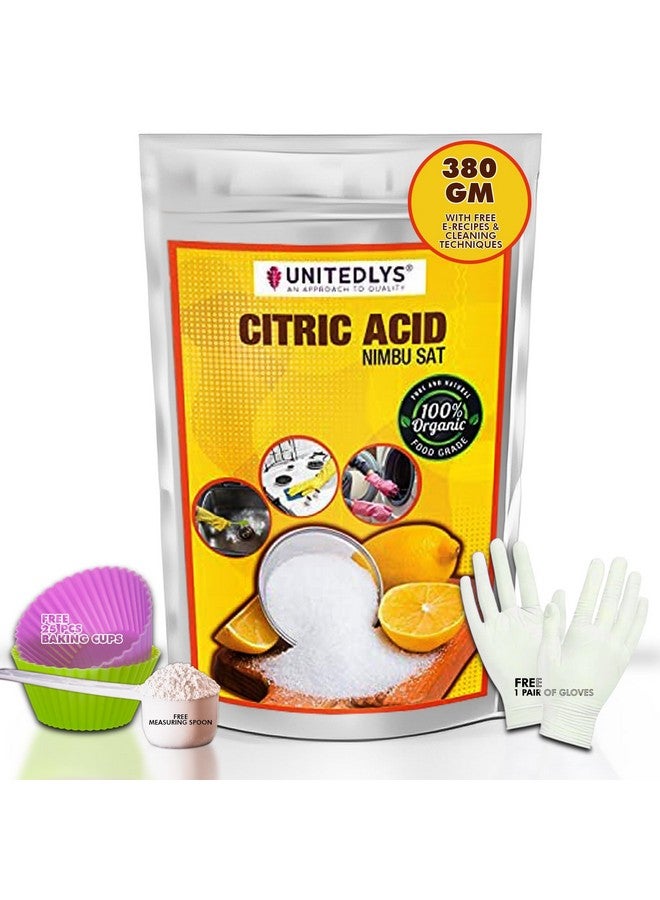 Unitedlys ® 100% Pure Citric Acid Powder For Cleaning 380G With Gloves, Baking Cups & Measuring Spoon | Food Grade Nimbu Sat | Natural Preservative & Flavoring Agent | Multi-Use For Home & Kitchen - Image 1