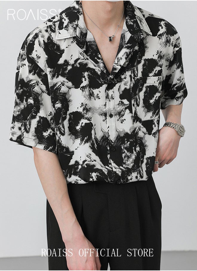 roaiss - Men Printed Shirt Loose Fit Stand Collar Flowy Silhouette Ink Splash Print Design Youthful and Fashionable Shirt for Casual and Business Occasions - Image 1