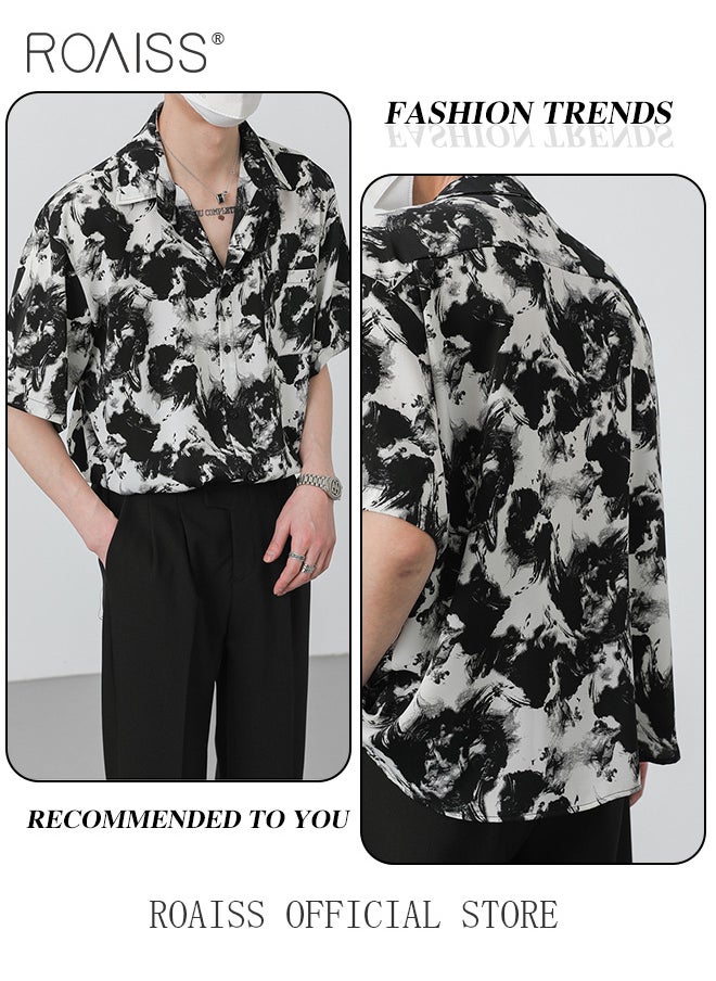 roaiss - Men Printed Shirt Loose Fit Stand Collar Flowy Silhouette Ink Splash Print Design Youthful and Fashionable Shirt for Casual and Business Occasions - Image 1