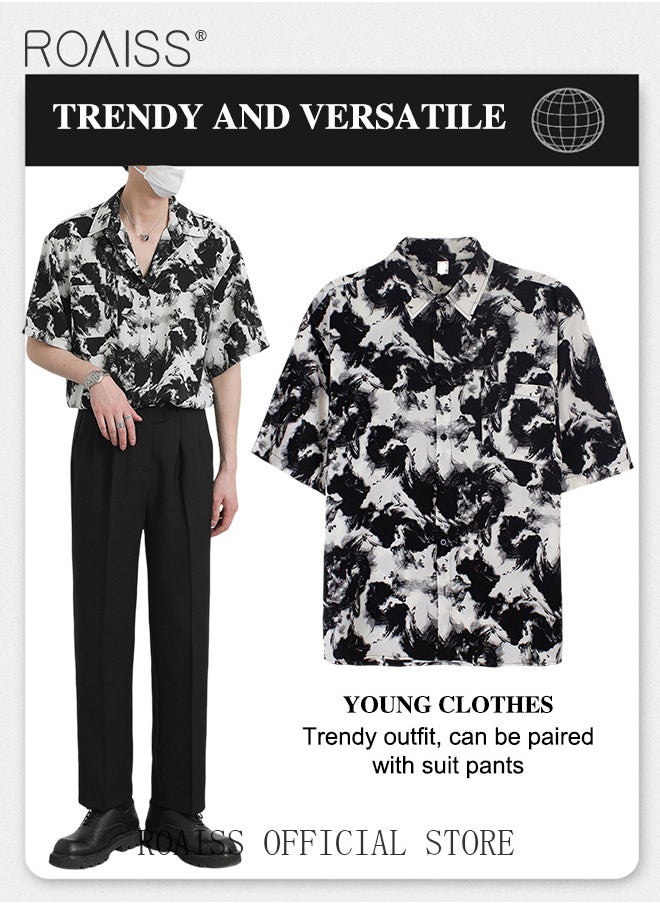 roaiss - Men Printed Shirt Loose Fit Stand Collar Flowy Silhouette Ink Splash Print Design Youthful and Fashionable Shirt for Casual and Business Occasions - Image 1