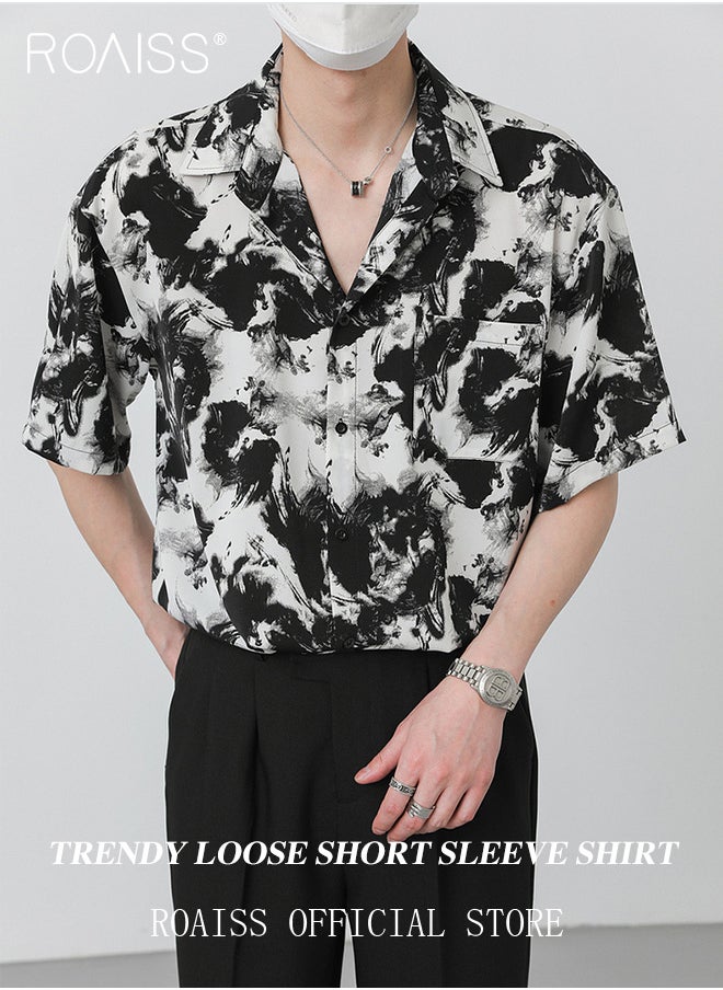 roaiss - Men Printed Shirt Loose Fit Stand Collar Flowy Silhouette Ink Splash Print Design Youthful and Fashionable Shirt for Casual and Business Occasions - Image 1