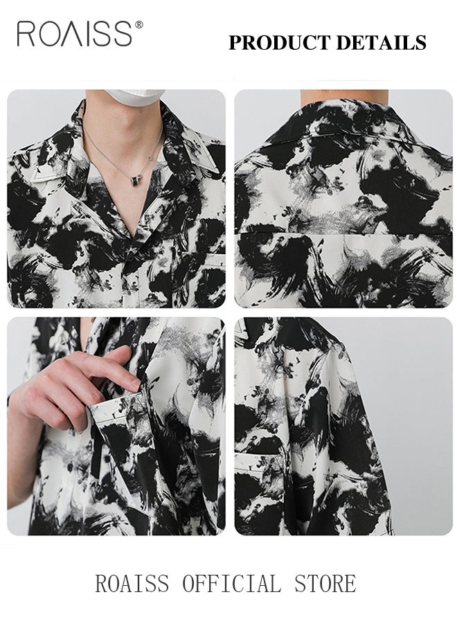 roaiss - Men Printed Shirt Loose Fit Stand Collar Flowy Silhouette Ink Splash Print Design Youthful and Fashionable Shirt for Casual and Business Occasions - Image 1