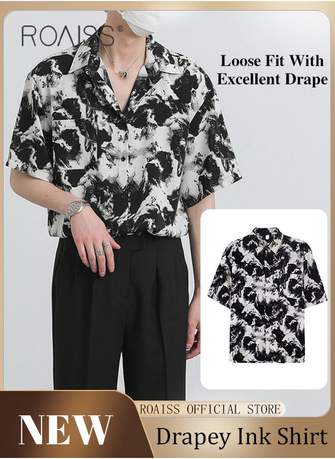 roaiss - Men Printed Shirt Loose Fit Stand Collar Flowy Silhouette Ink Splash Print Design Youthful and Fashionable Shirt for Casual and Business Occasions - Image 1