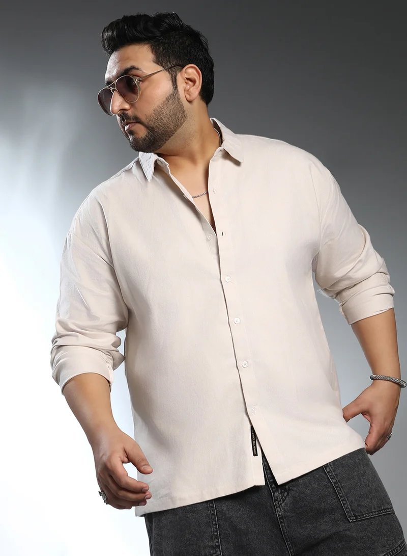 انستافاب بلس قميص رجالي أبيض سادة مقاس بلس بياقة عريضة وأكمام طويلة بأزرار للملابس الكاجوال